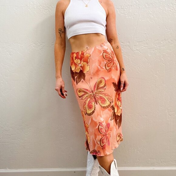 Vintage Y2K Orange Butterfly Printed Midi Slip Skirt - Picture 2 of 6